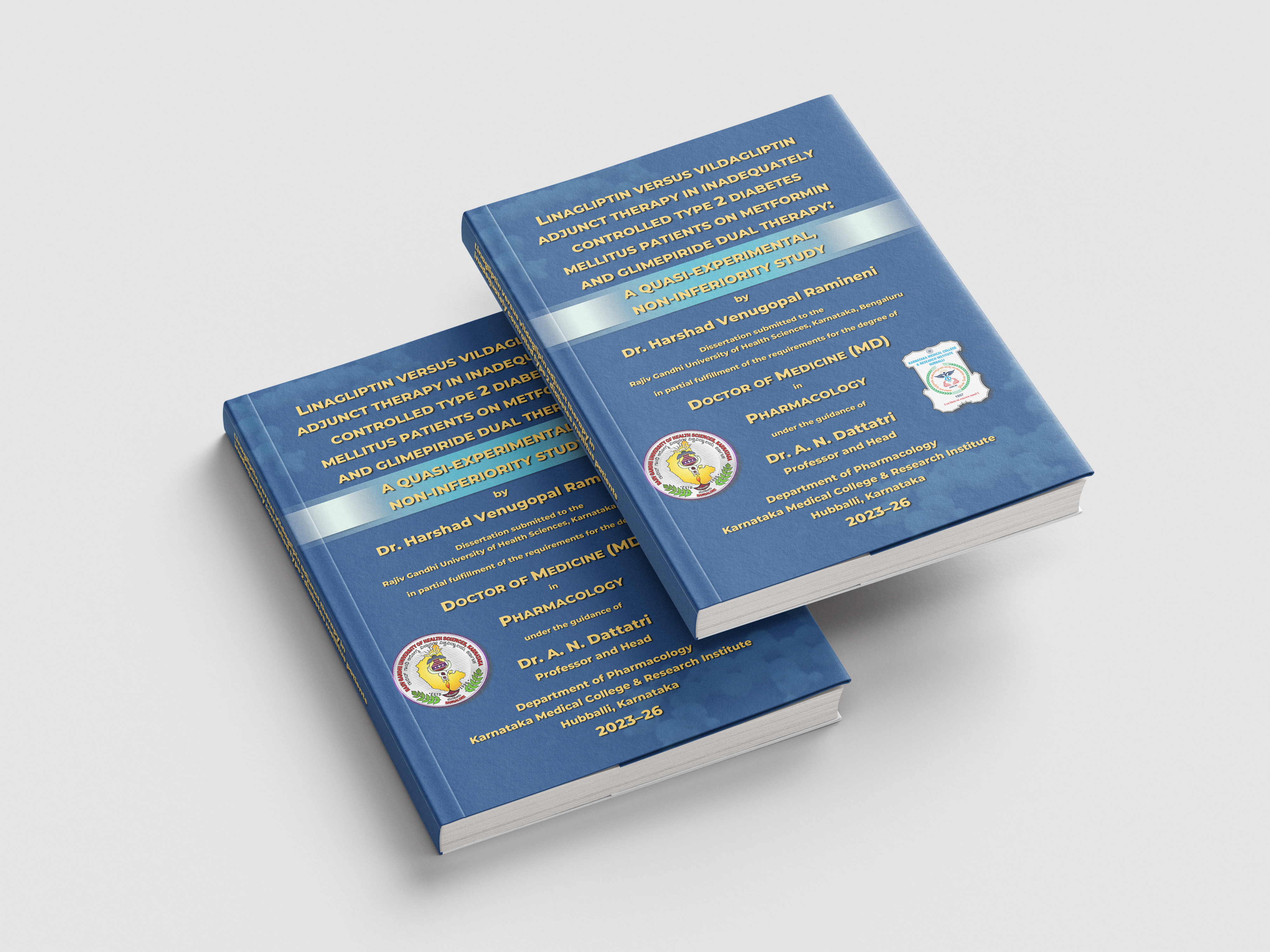 A bound MD Pharmacology dissertation — navy hardcover with gold lettering, produced to RGUHS / KMCRI submission standards.